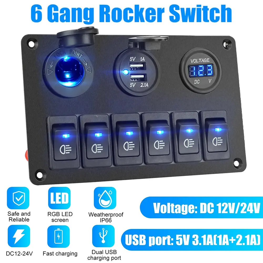 Dazone 12V LED 6 Gang On/Off Rocker Switch Panel w/ Cigarette Lighter Socket Voltmeter Dazone 12V LED 6 Gang On/Off Rocker Switch Panel w/ Cigarette Lighter Socket Voltmeter