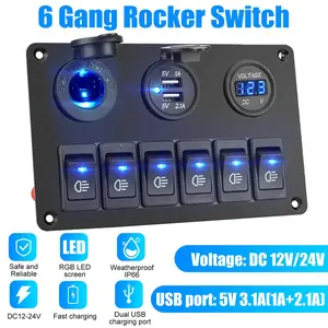 Dazone 12V LED 6 Gang On/Off Rocker Switch Panel w/ Cigarette Lighter Socket Voltmeter