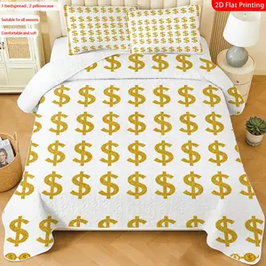 3pcs, 2D flat print Golden Dollar Pattern Bedspread Set, Money Theme, multiple sizes available, bedding set, festive decorative bedding, ideal for bedroom décor(1 bedspread , 2 pillowcase)