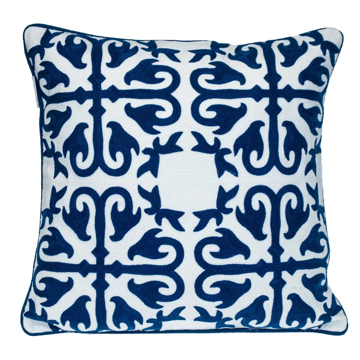 HomeRoots 18x18 in. Blue 100% Cotton Modern Geometric Design Embroidered Zippered Pillow - Soft Touch, Shape-Retaining Decorative Cushion for Bedding, Home Decorating (Fits Standard Pillow Inserts)