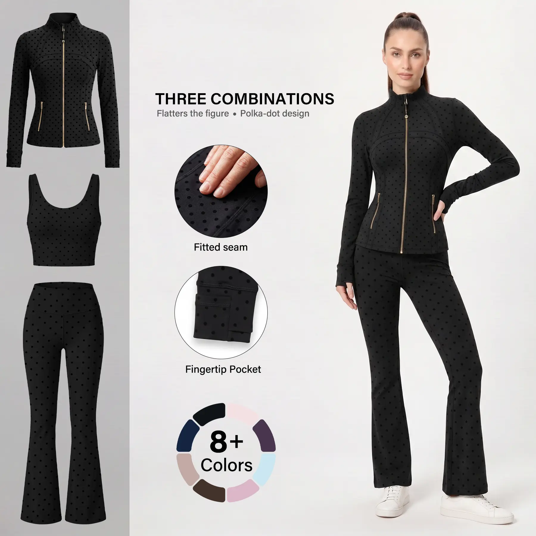 Women's Polka Dot Workout Zip Up Jacket, Sold Individually,Flare Yoga Pants or Bra, Matching Sets Women Aesthetic, Slim Fit Athletic Gym Wear, High Waisted Bell Bottoms