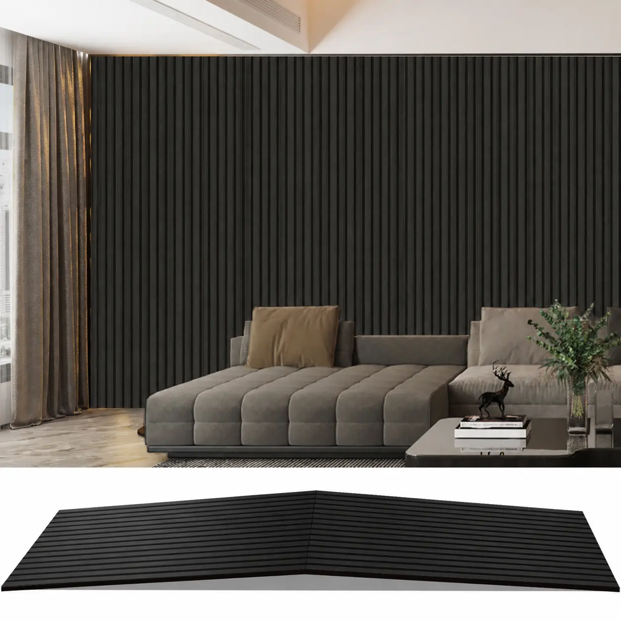 Black Wood Slat Acoustic Panel, Foldable SoundAbsorbing Wall Panel, Modern Wall Decor for HomeTheater, Gaming Room & Office, 23.6" × 94.5" × 0.71"  2PC campingessentials
