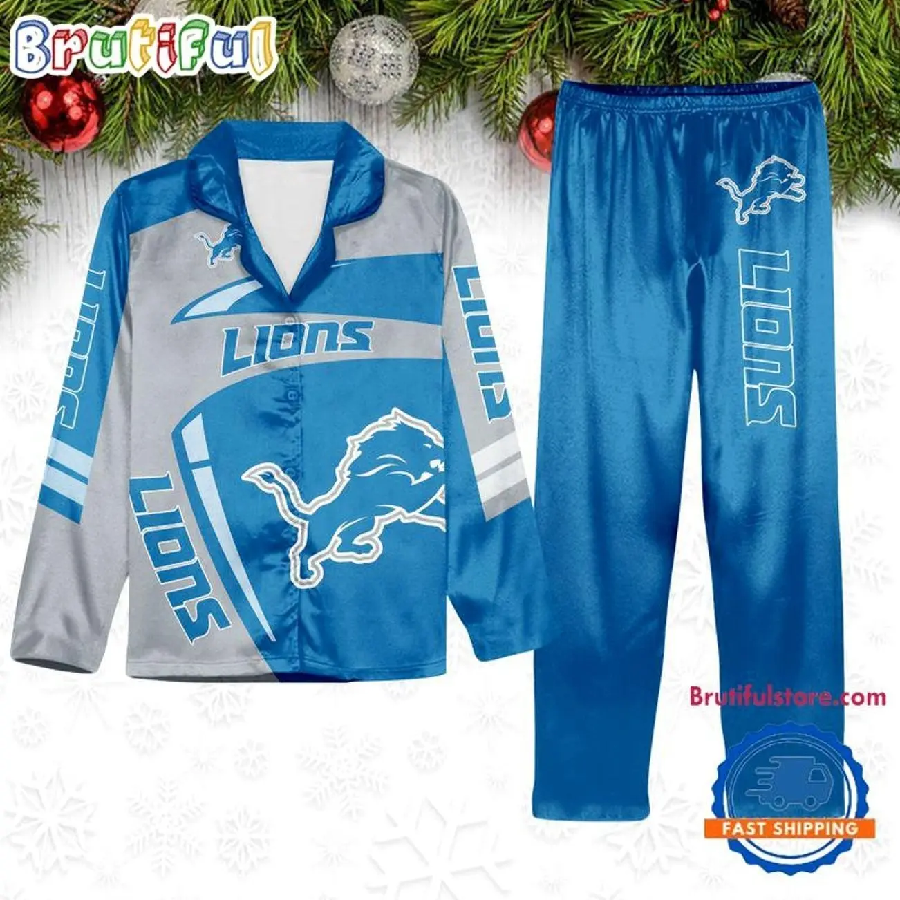 Light Blue Silver Football Satin Pajama Set, Winter Sports Inspired Long Sleeve Sleepwear, Button Down Lounge Set for Adults