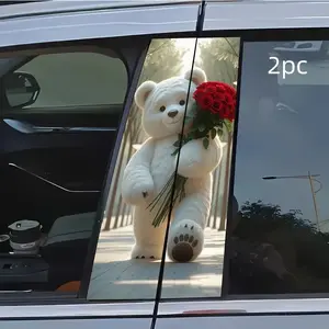 2pcs White Teddy Bear Red Roses Boulevard Car Sticker B-Pillar DIY Middle Pillar Film Decorative Car Accessory Car Decals Sticker For Cars