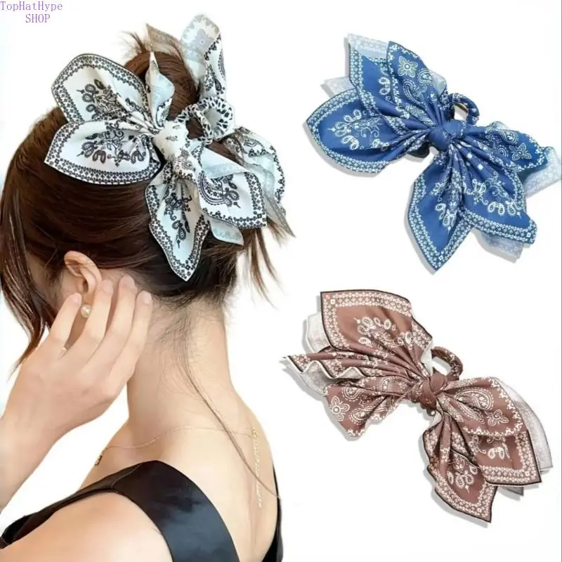 3Pcs French Retro Ladies Hair Clip, Layered Fabric Bow with Paisley Print, Large Vintage Hair Barrette with Strong Hold for High Ponytail & Bun Hairstyles, Elegant Daily Wear Hair Accessory