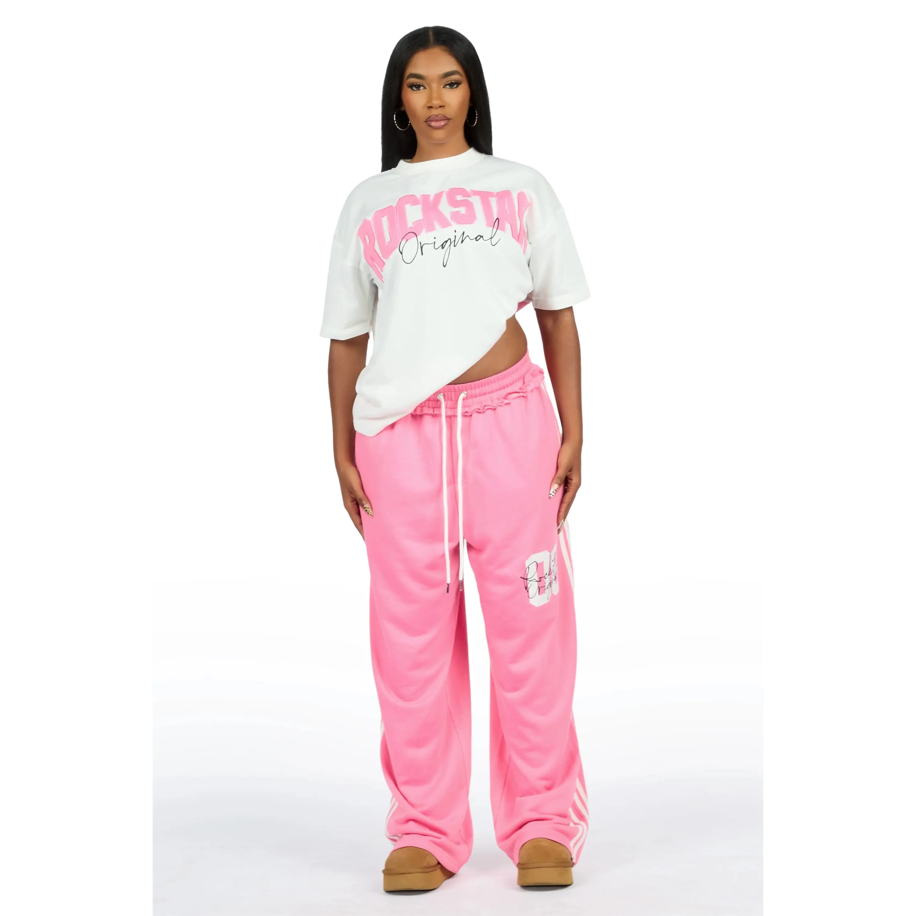 Cheyane White/Pink French Terry Chenille Tee/ French Terry Relaxed Track Set