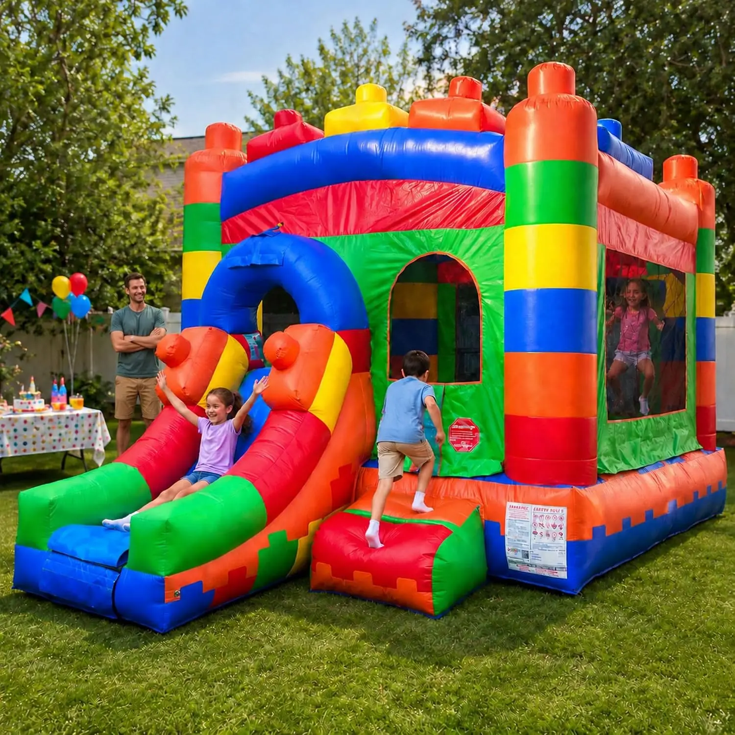 Crossover Inflatable Bounce House with Slide (Without Blower) 18 x 12 x 14.5 Foot Building Block Bounce House Combo Waterslide with Basketball Hoop, Water Misting System, Stakes and Storage Bag