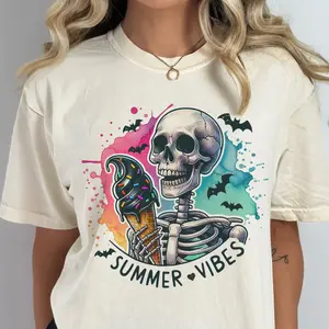 Summerween Skull Tees Summer Vibes Watercolor Ice Cream Skull Tshirt  I'm Freakin Melting Skull Tee Living the Dream Skeleton Tshirt Beach Skull T-Shirt Summer Rocker Tees Just Waiting for Aalloween Tees