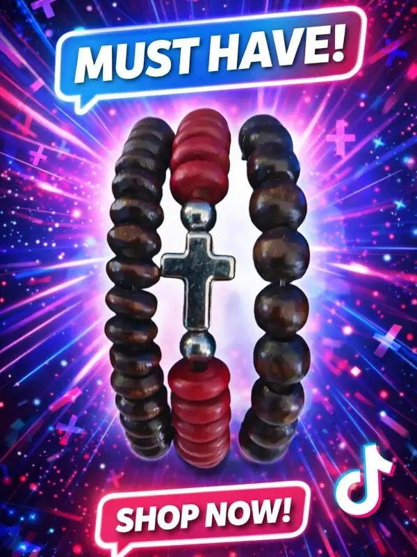 Handmade Beaded Cross Bracelet Stack-Trendy 3-Piece Layered Heishi & Wood Charm Bracelets - Cute Boho Faith Jewelry
