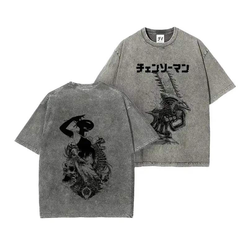 Denji x Reze Chainsaw Man Acid wash Anime Double Printed Vintage Washed Tee Unisex Oversize Anime Manga Heavyweight Cotton T-shirt