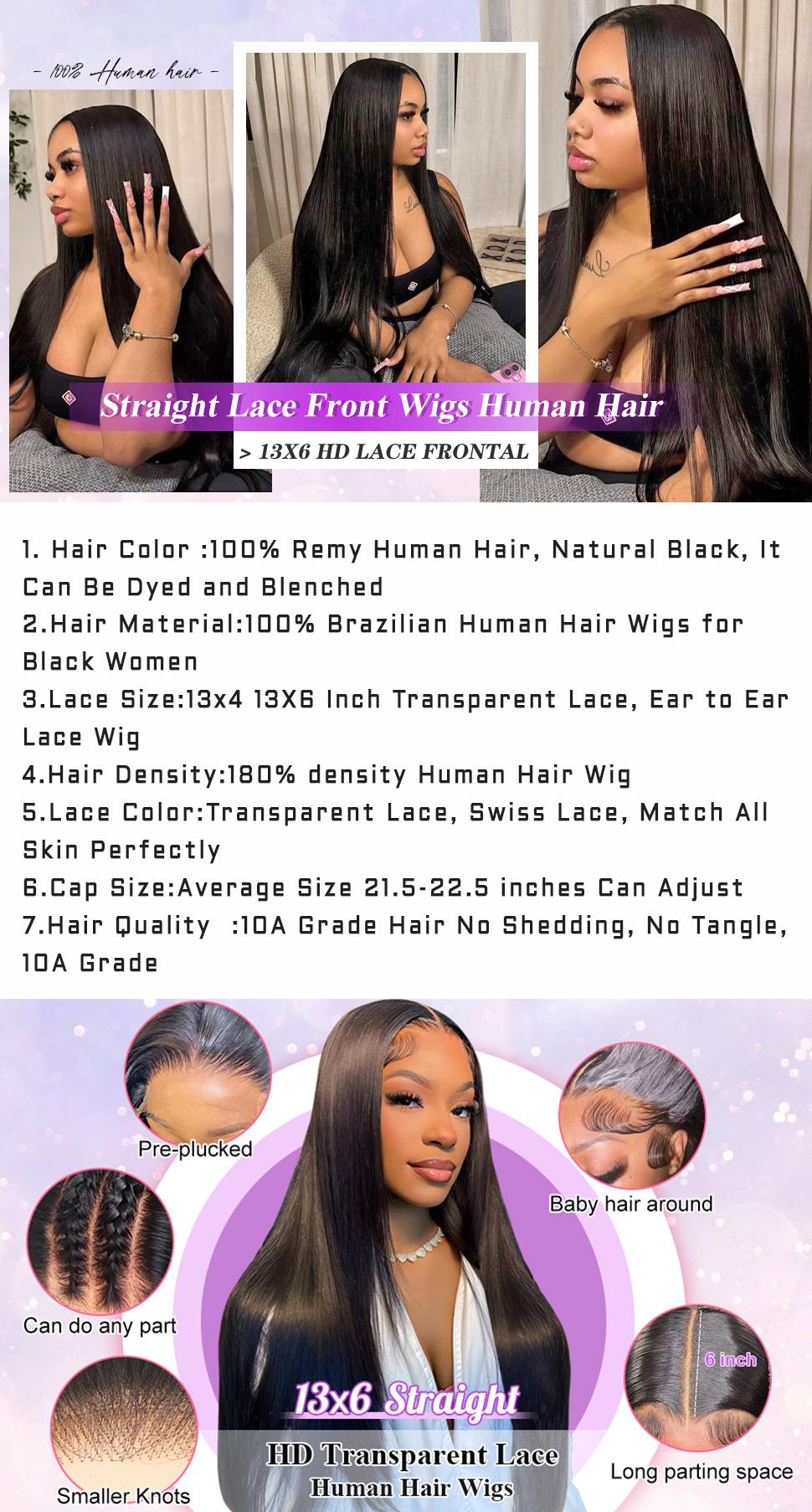 Smooth Straight 13x4 13x6 Transparent Lace Front Wig Human Hair 360 Full HD Lace Frontal Human Hair Wigs For Women Brazilian Remy Hair 12A Grade Wig Natural Black PrePlucked Hairline