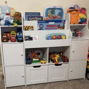 FOTOSOK Toy Storage Organizer with  8 Storage Cubbies and 2 Movable Drawers, Toy Organizer with Hidden Wheels and 3-Tier Kids Bookshelf, Multifunctional Floor Storage Chest for Playroom