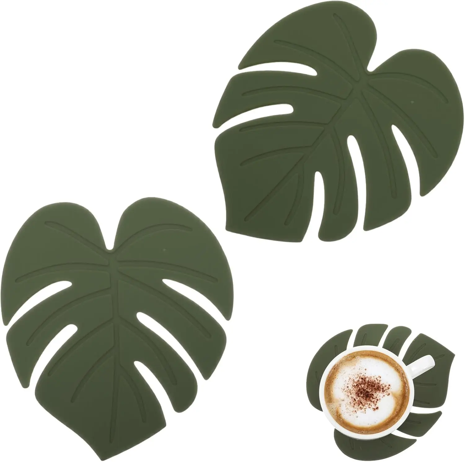 2 Pcs Monstera Coasters, Green Leaf Silicone Heat-Resistant Drink Coasters Trivet Mats Non-Slip Cup Pads for Table Countertop Kitchen Home Office Decor