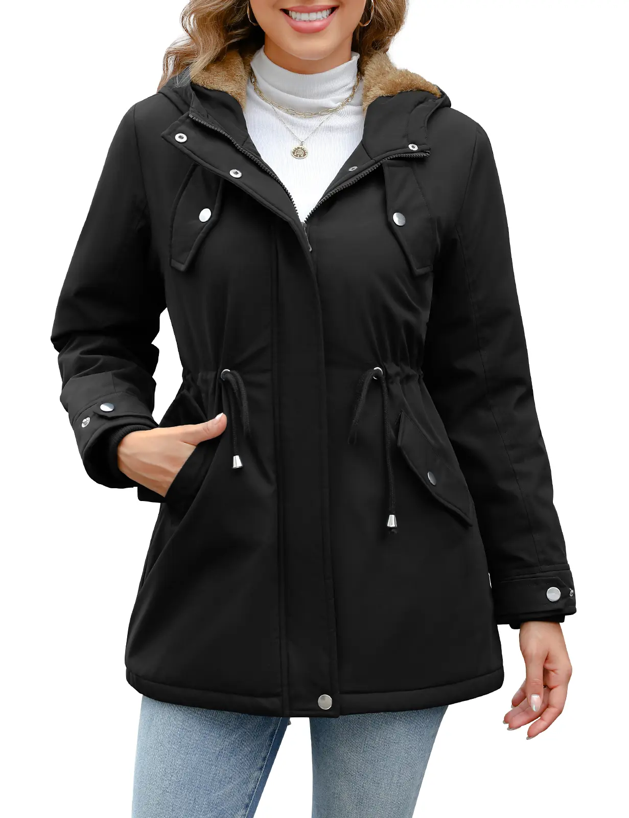 Parka Jacket Women Waterproof Fleece Lined Hooded Warm Winter Coat with Pockets for Daily Commute & Outdoor
