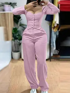 Women's Two-Piece Set Basic Plain Color Casual Elegant Front Button Long Sleeve Pocket Daily Beach Autumn Winter, Slim-Fitting Fashion