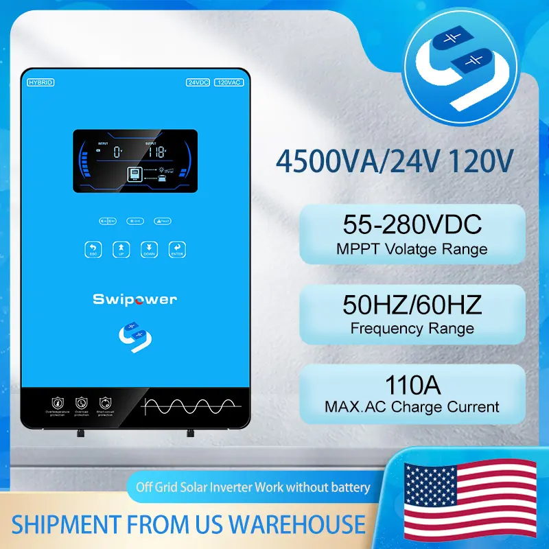 SWIPOWER 4000VA 50HZ/60HZ Solar Inverter Charger 24VDC to 120VAC Hybrid Inverter with 120A MPPT Technology LCD Display 3600W