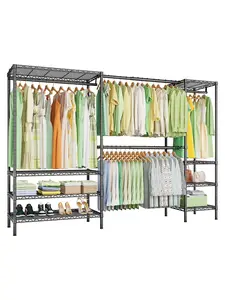 Ulif E11 Heavy-Duty Garment Rack, Metal Freestanding Clothes Rack and Closet Storage Organizer System with 8 Shelves and 4 Hanger Rods, (73.2-97.6)" W x 14.5" D x 71.2" H, Load 1034 LBS, Black