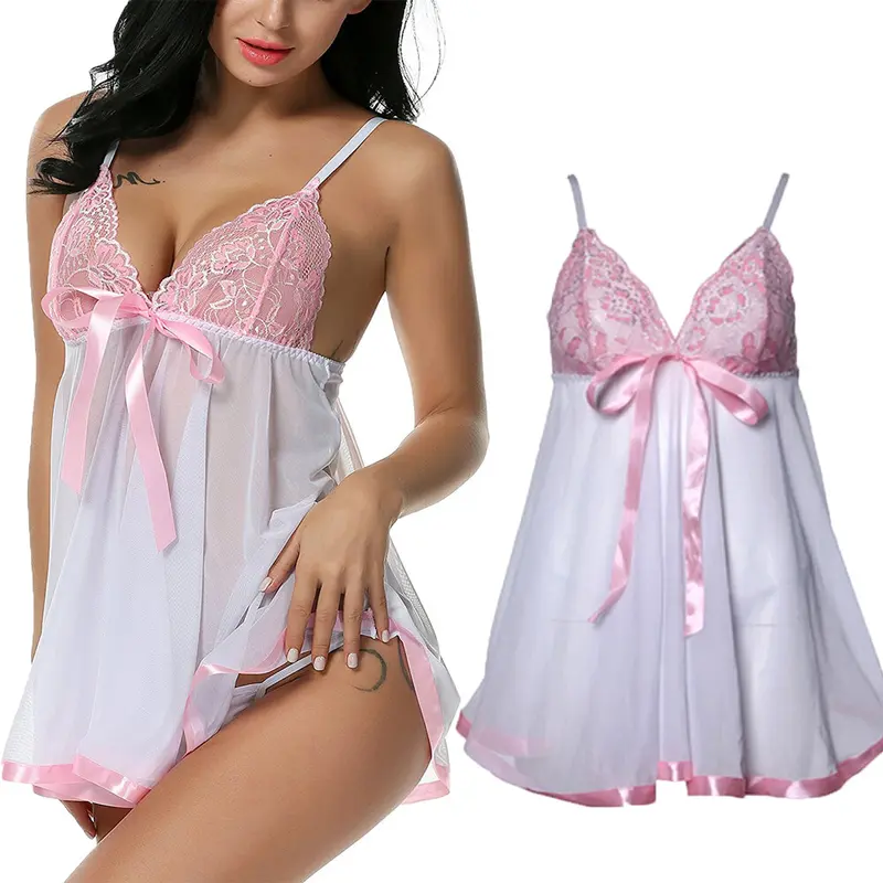Women's Fashion Comfortable Minimalist Chic Elegant Lace-Cup Babydoll Chemise Lingerie Set with G-String for Nightwear & Sleepwear, Night Gown For Women, Sleeveless, Cute