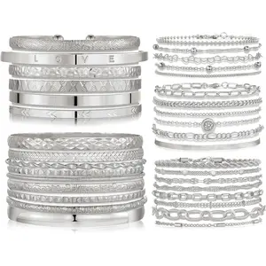 5 PACK (35 PCS)  Chain Bangles Bracelets Set for Women,  Multiple Layered Stackable Open Cuff Bangle Anklet Bracelet Trendy Elegance Link Beads Italian Boho Cuban  for Women