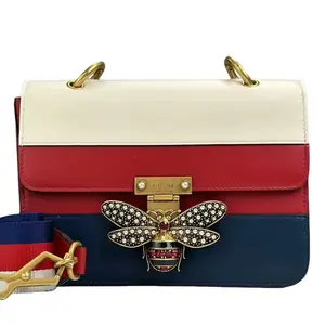 Pre-owned GUCCI Leather Crossbody Bags Tri Color Queen Bees Shoulder Bag Red White & Blue Crossbody with Crystal Embellished Bee Charm