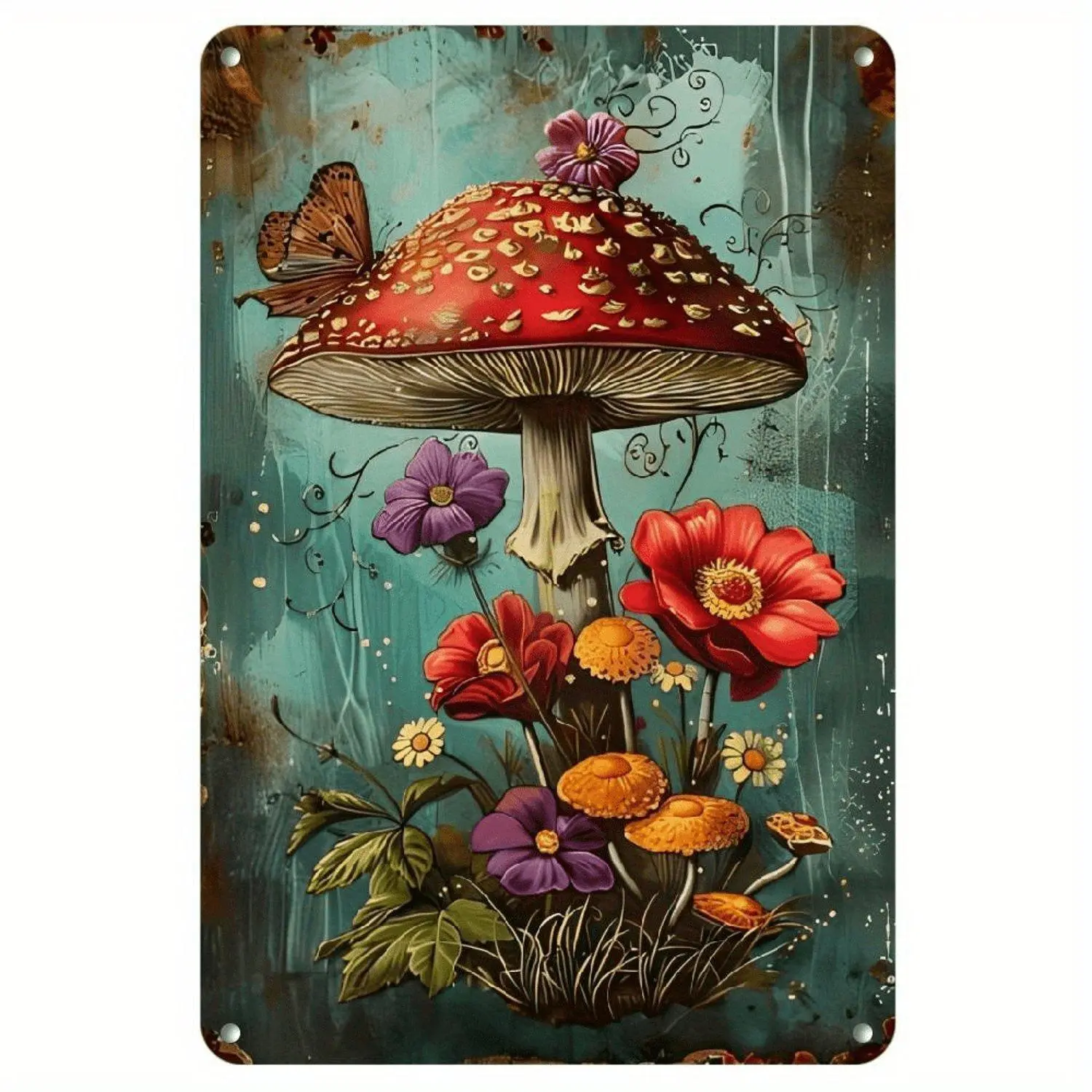 Vintage Mushroom &amp; Floral Metal Sign - 8x12 Inch | Durable Wall Decor for Home, Office, Gym, Cafe, Garage | Perfect Gift Idea, Restaurant, Indoor &amp; Outdoor, Sign, Perfect for Room Decor