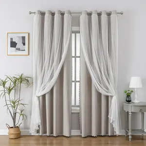 American Style Blackout Curtains, Room Decor Curtain, Luxury Magic Tape Drapes for Bedroom Living Room Balcony, Elegant Two-Layer Sheer Window Covering