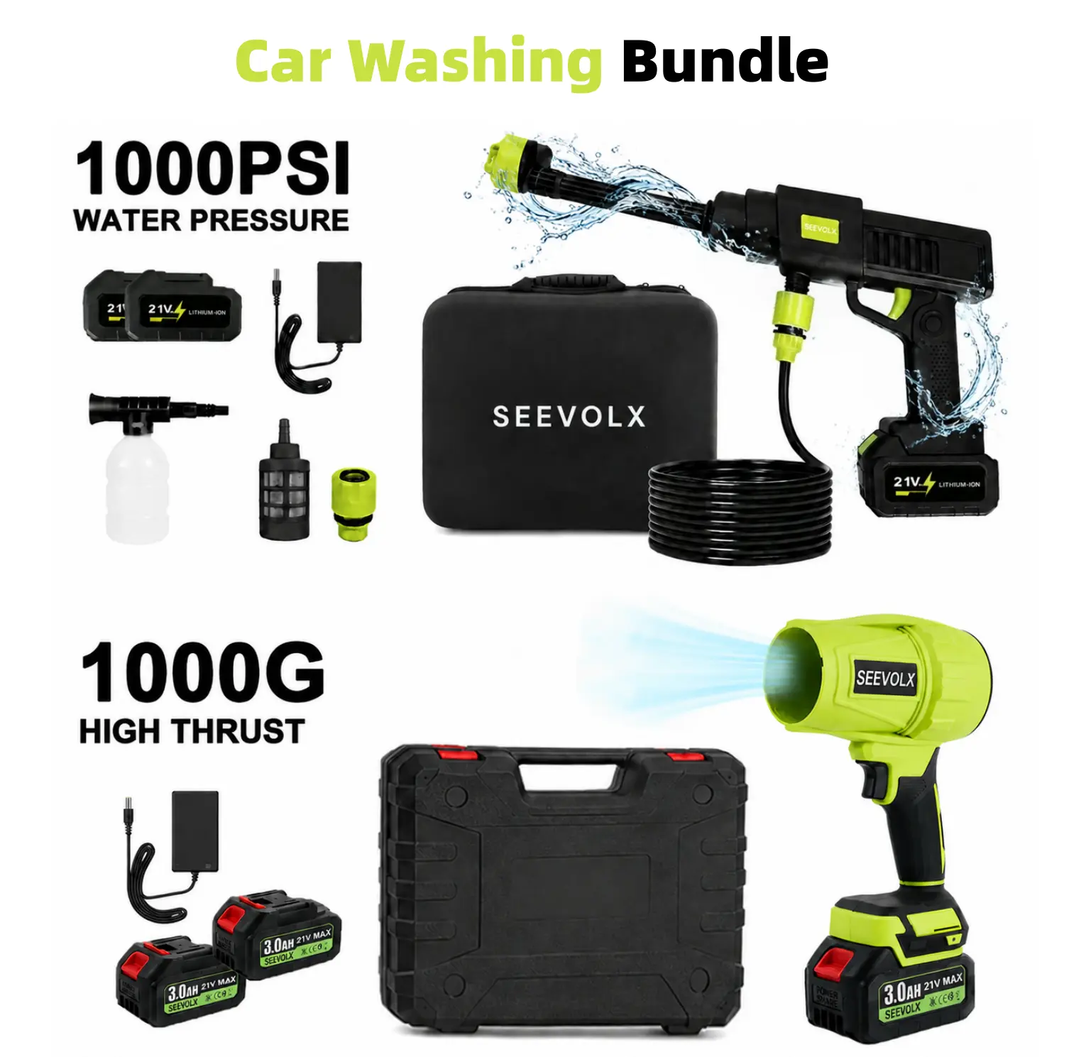 SEEVOLX 21V Cordless Combo Set with 1000 PSI Pressure Washer, 1000G Turbo Leaf Blower, 21V System for Car Wash & Drying, Outdoor Surfaces Cleaning