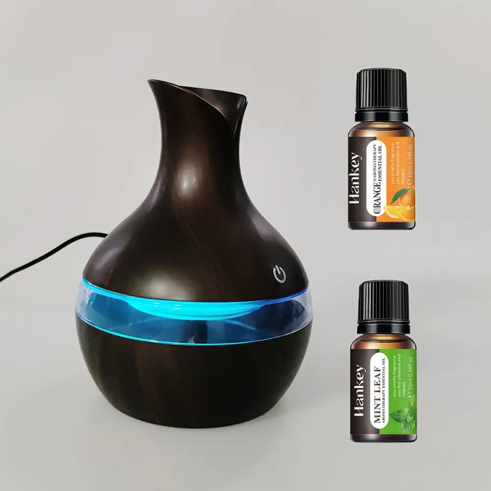 300ml Wooden Air Humidifier & Aroma Diffuser with 2 Essential Oils, USB Essential Oil Diffuser and Aromatherapy Machine for Home & Office, Air Purifie