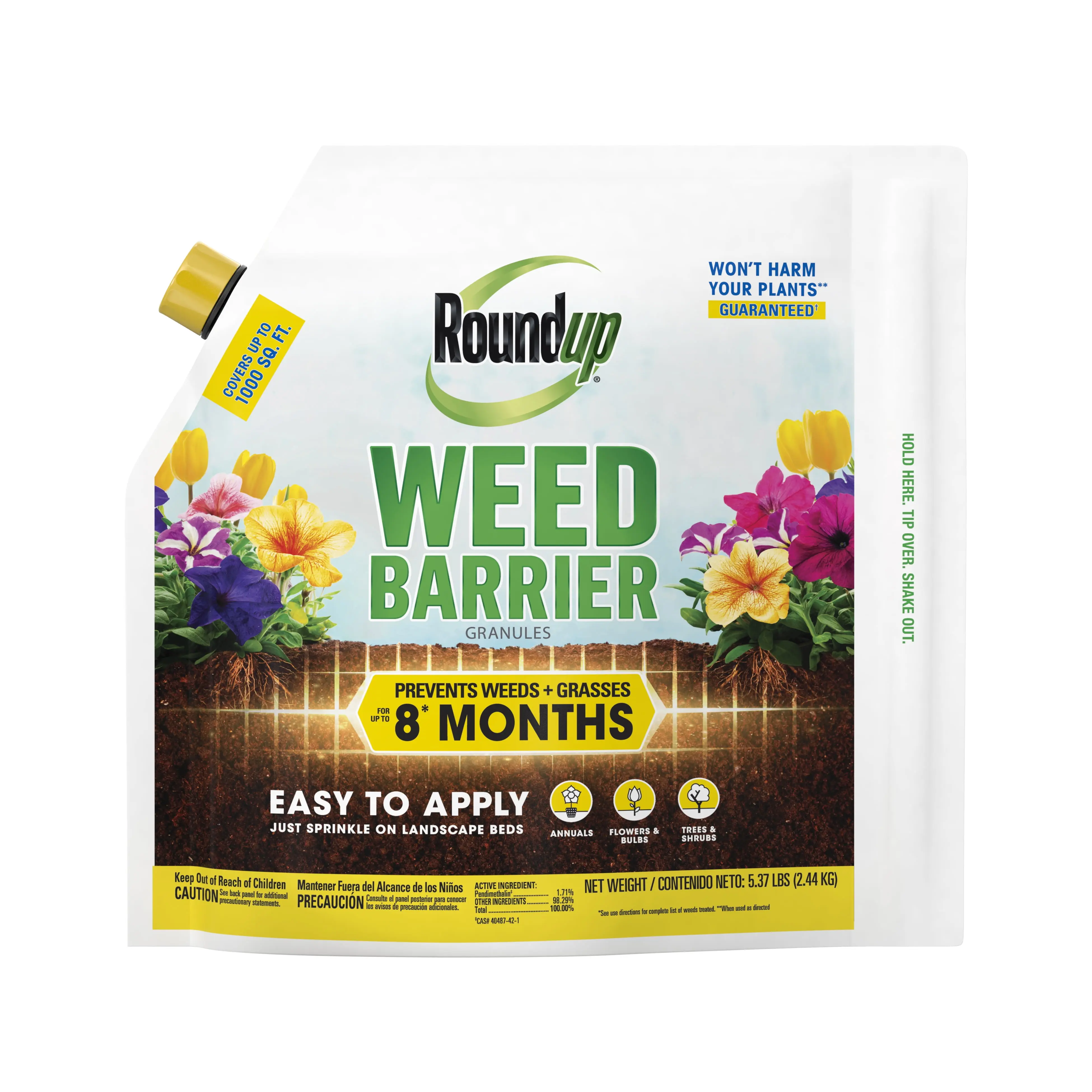 5.37 lb Weed Barrier Granules for Weed Prevention, Prevents Weeds for Up to 8 Months, Covers Up to 1,000 Sq. Ft., Built-In Applicator for Landscape Beds