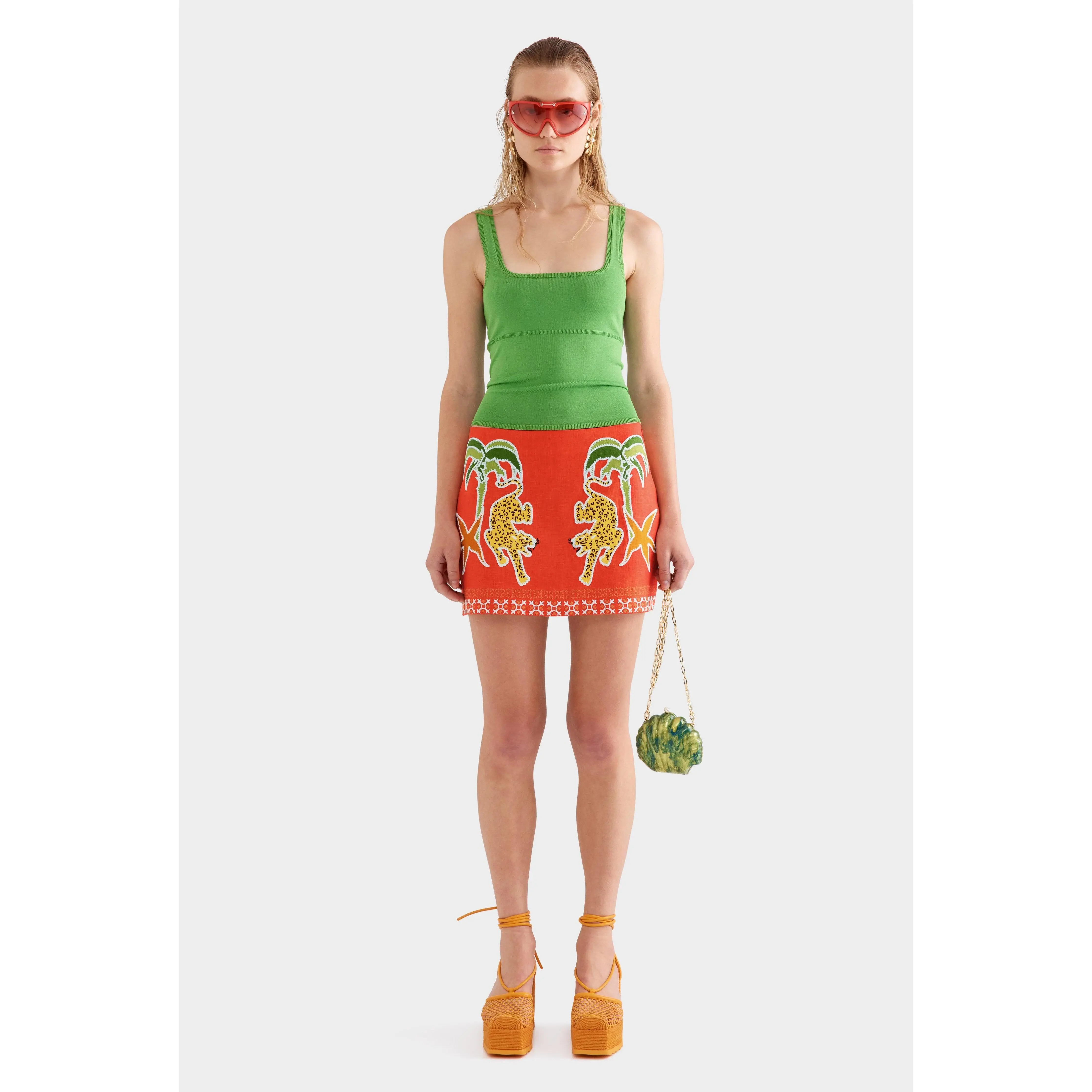 Applique Linen Mini Skirt - Red/Jaguar Applique
