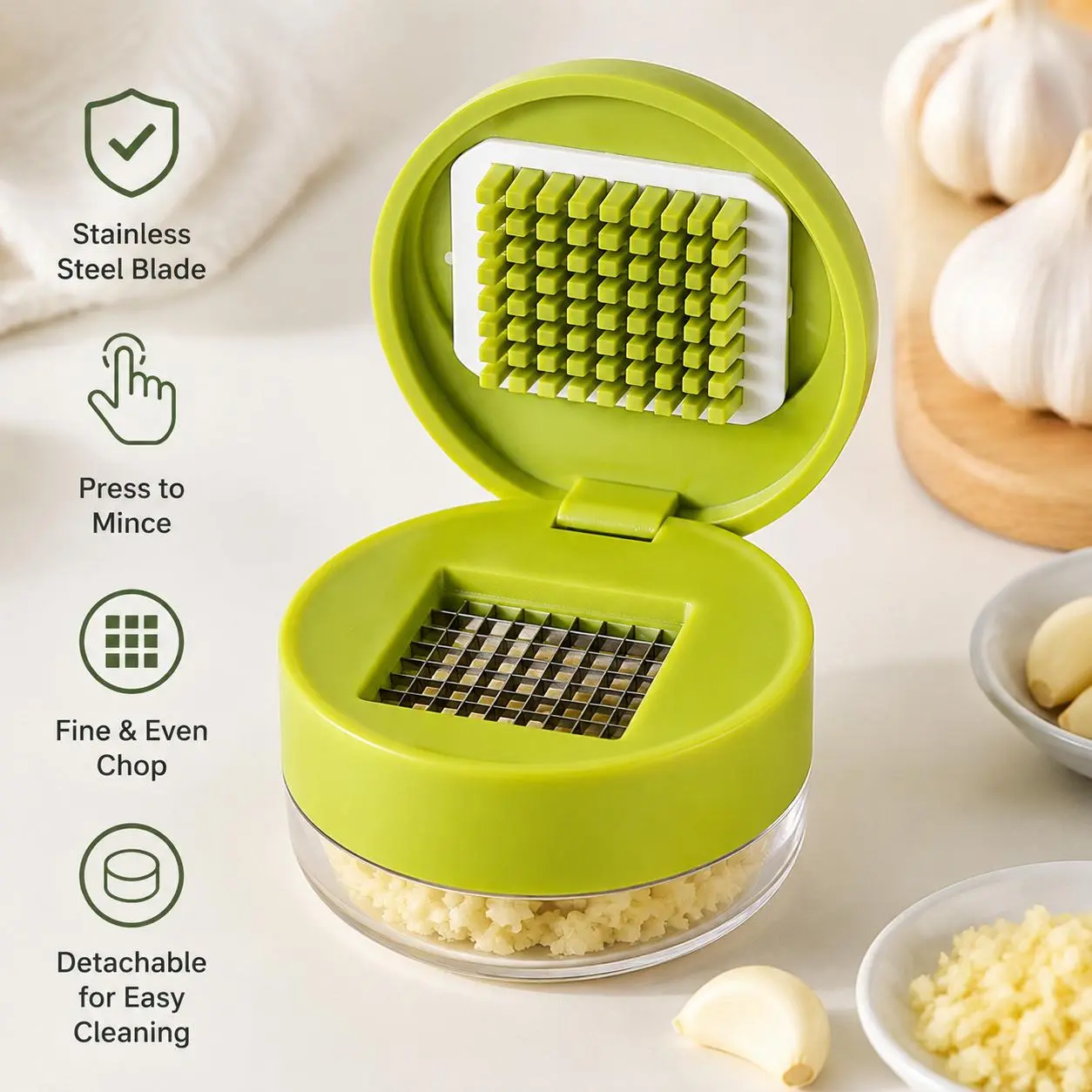 1-Piece Stainless Steel Blade Garlic Press - Detachable, Easy-Clean Handheld Garlic Crusher with Transparent Base, Cooking Tools for Home Kitchen Daily Use (Kitchen Appliances with Detachable Parts)