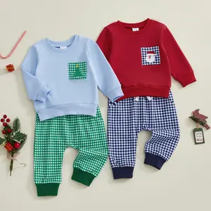 Toddler Baby Boy Christmas Outfit Baby Santa Outfit Santa/Christmas Tree Embroidery Pullover Striped Crewnwck Sweatshirt +Plaid Elastic Pants Set 2Pcs Cute Baby Boy Fall Winter Clothes
