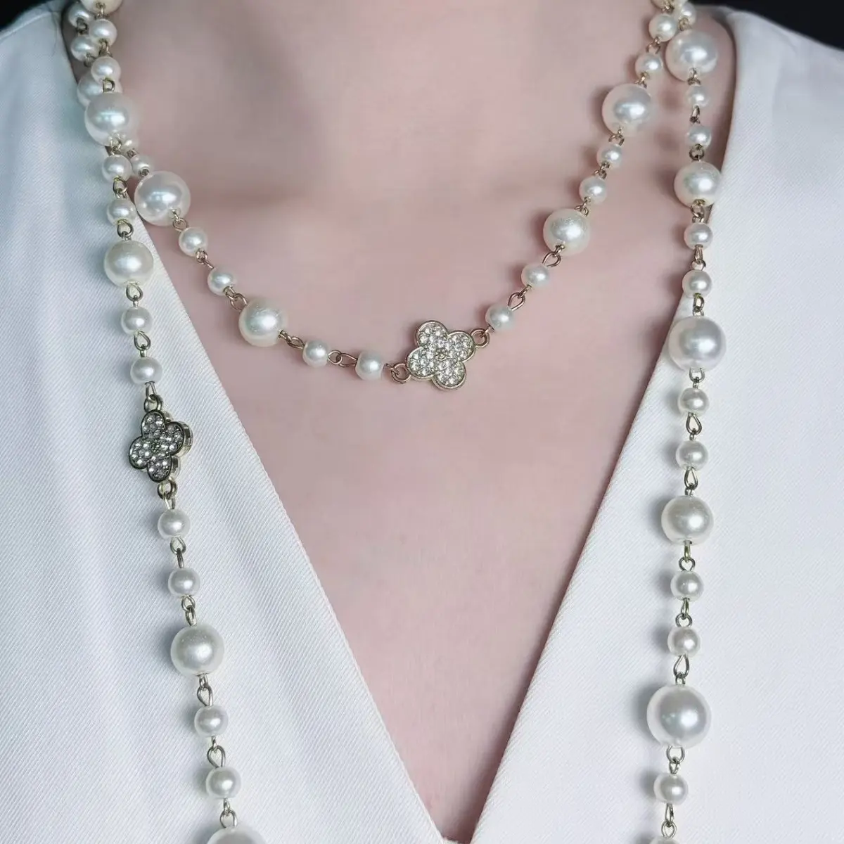 Elegant Multi-Layered Four Leaf Clover Pearl Necklace, Gift for Her