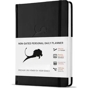 Daily Planner, Calendar & Life Organizer to Improve Time-Management, Productivity & Happiness | Vegan Leather Hardcover Notebook with Blank Dates, Undated 6 Months Hourly Planner for Men & Women, 24 Hour Agenda (Black)