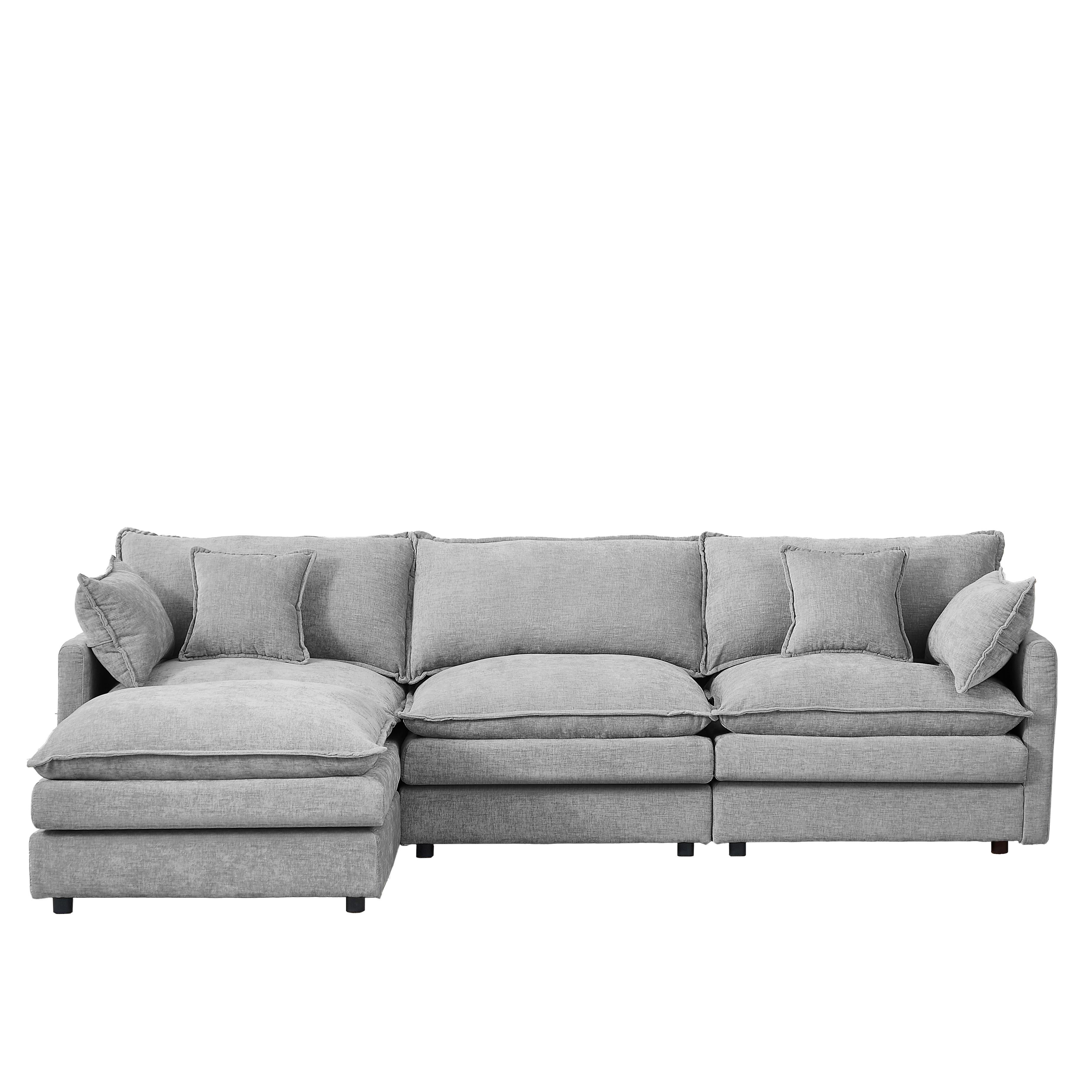 102" L Shaped Modular Sectional Sofa, Comfy Upholstery Chenille Cloud Couch with Ottoman, Modern 4-Seat Deep Seat Sofa with Pillow for Living Room, Bedroom, Apartment, Grey