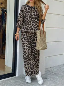 Women's Leopard Print Loose-Fitting Pants Set, Casual Seven-Quarter Sleeve Lantern Sleeves, Elastic Waistband, All Seasons Wear