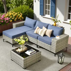 Ovios 5 Piece Patio Furniture Sets, All-Weather Coffee PE Wicker Outdoor Couch Sectional Set, Small Conversation Set for Garden/Patio w/Ottoman, Glass Table