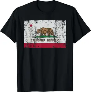 100% Cotton State of California Flag Vintage Distressed Retro Gift T-Shirt Top Casual Menswear Graphic