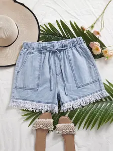 【Plus Size】 Pocket Drawstring Waist Raw Trim Light Wash Denim Shorts, Casual Fashion Shorts for Everyday Wear, Women's Bottoms for Summer