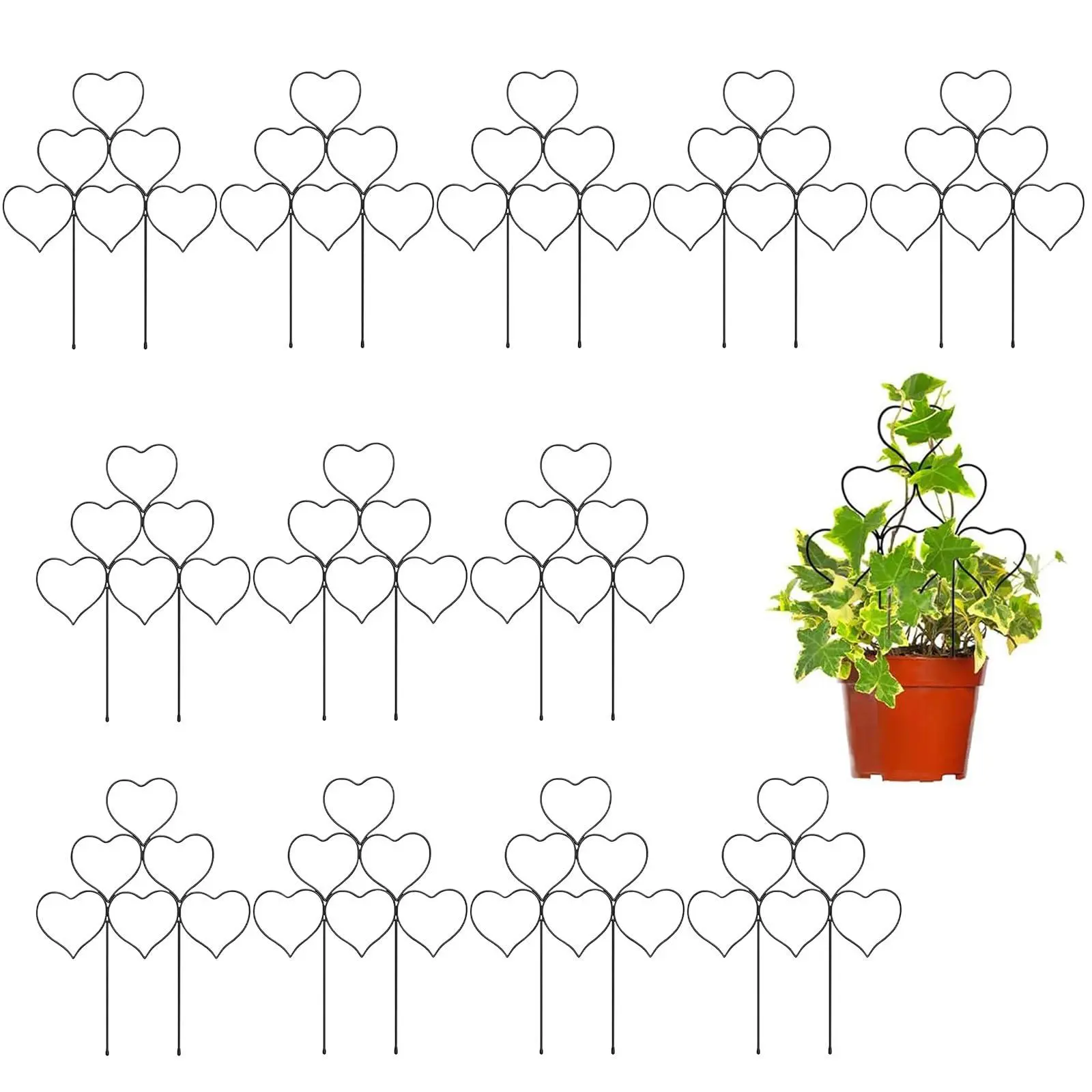 GARVEE 12 Pack Heart-Shaped Metal Plant Trellis Set – Stackable, Rust-Resistant Garden Plant Support for Indoor and Potted Climbing Vines, Ivy, Pothos – Decorative Flower Stand,35x30cm,Black