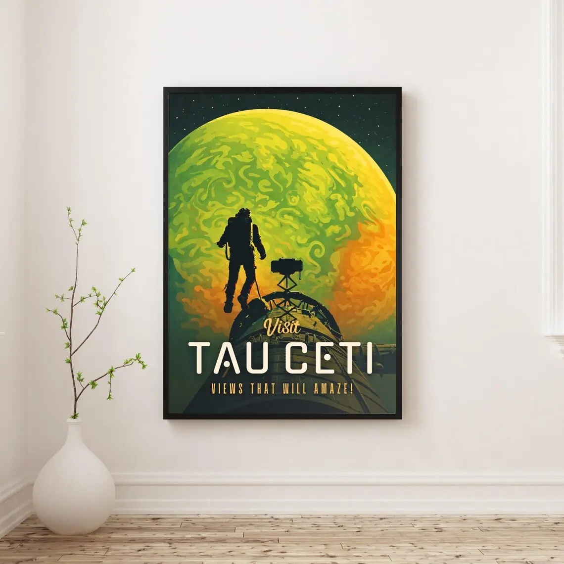 Tau Ceti space travel poster; retro-futurist style; nostalgic sci-fi astronaut-themed canvas print; interstellar alien planet and deep-space theme; suitable for living room wall decor.