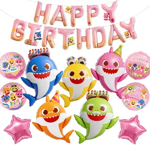 PartyWoo Baby Shark Family Foil Balloons 13pcs Baby Shark Family Pink Round Star Mylar Happy Birthday Banner Letter Balloons for Boys and Girls Under the Sea Kids Birthday Party Decorations
