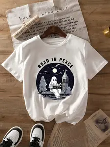 Women's Ghost & Book Print Round Neck Tee, Halloween Theme Casual Short Sleeve Crew Neck T-shirt for Summer, Fashion Women's Top for Daily Wear