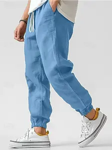 Men's Linen Ankle Cuff Pants, Drawstring Adjustable Waist, Deep Side Pockets, Breathable Summer Fabric, Casual Daily Wear