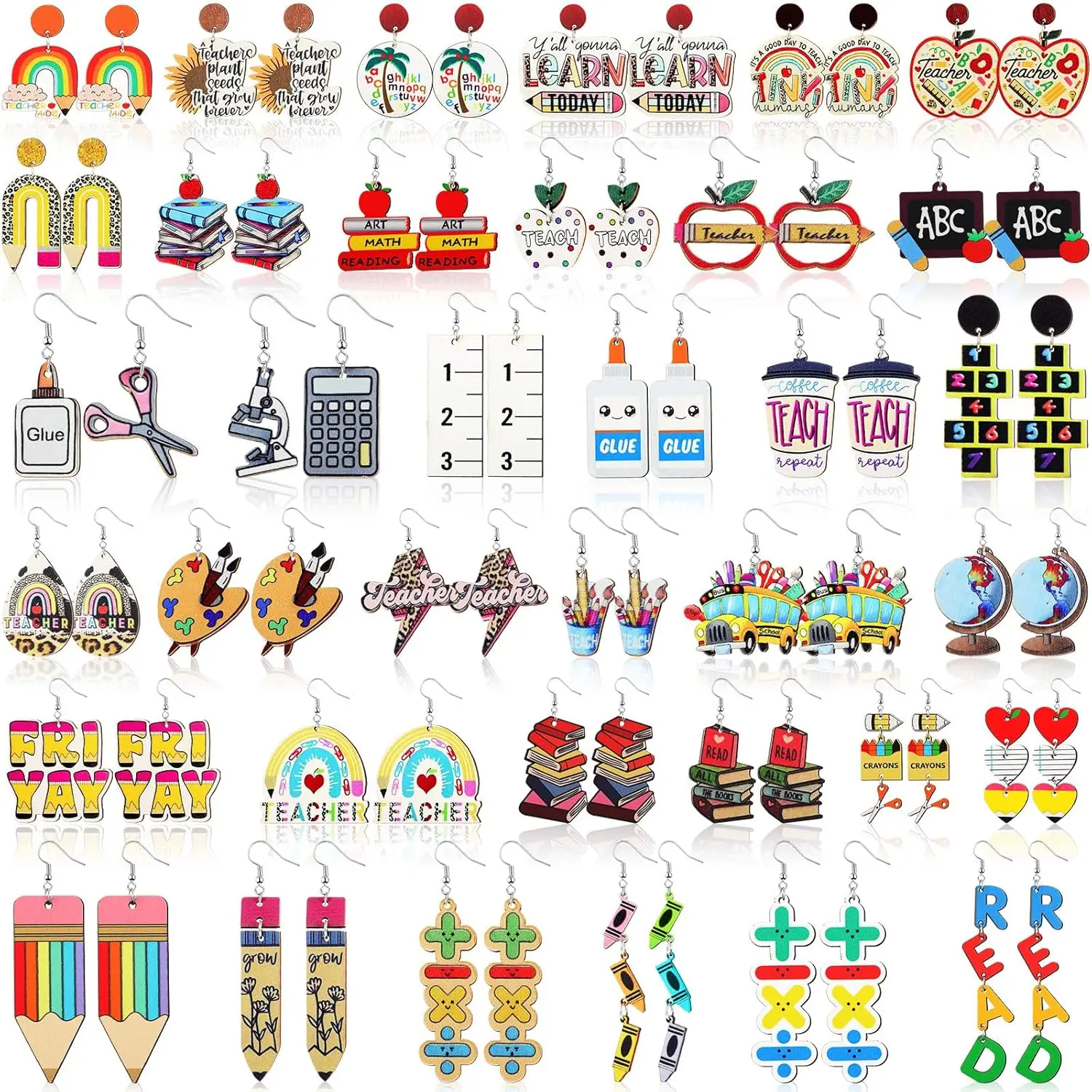 36 Pairs Teacher Earrings for Women Fun Wooden Studs Bulk Cute Teacher's Day Dangle Earrings Sets Colorful Pencil  Rainbow  for Appreciation