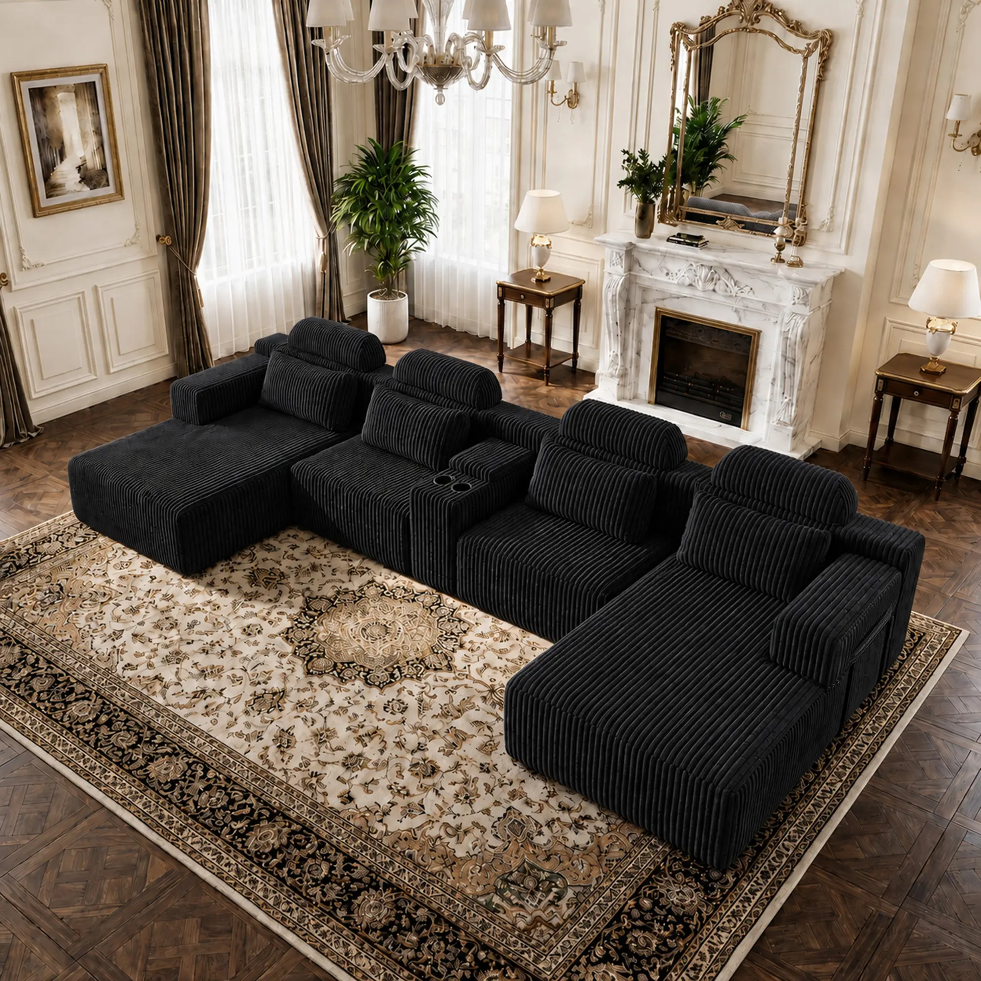 Black Corduroy 6-Seater U-Shaped Modular Compression Sofa - 145.7" Oversized Sectional with Lounge Chair, Cup Holder, Tool-Free Assembly for Home Theater, Living Space