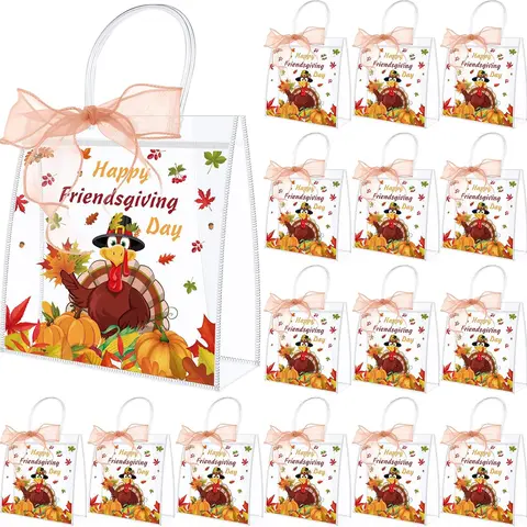 24 Pcs Friendsgiving Clear PVC Gift Bags with Handle Transparent Reusable Tote Bags with Ribbon Bows Falling Leaves Turkey Pumpkin Pattern for Thanksgiving Autumn Party Favors Baby Shower School Supplies