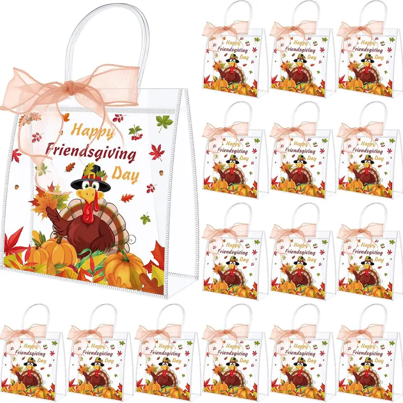 24 Pcs Friendsgiving Clear PVC Gift Bags with Handle Transparent Reusable Tote Bags with Ribbon Bows Falling Leaves Turkey Pumpkin Pattern for Thanksgiving Autumn Party Favors Baby Shower School Supplies