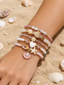 Sweet Girl Beaded Braided Bracelet Set, Summer Beach Shell Starfish Pearl Jewelry, 5-Piece Women's Accessory Collection