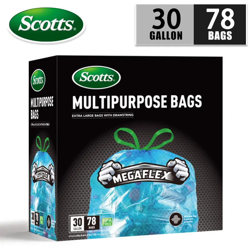 Scotts 30gal (113.5L) Sturdy Drawstring Trash Bags, 78-Count Boxed Blue Non-Rip Leak-Proof Bags for Large Kitchen Trash Cans, Home Multi-Purpose Cleaning Supplies, Drawstring Bag